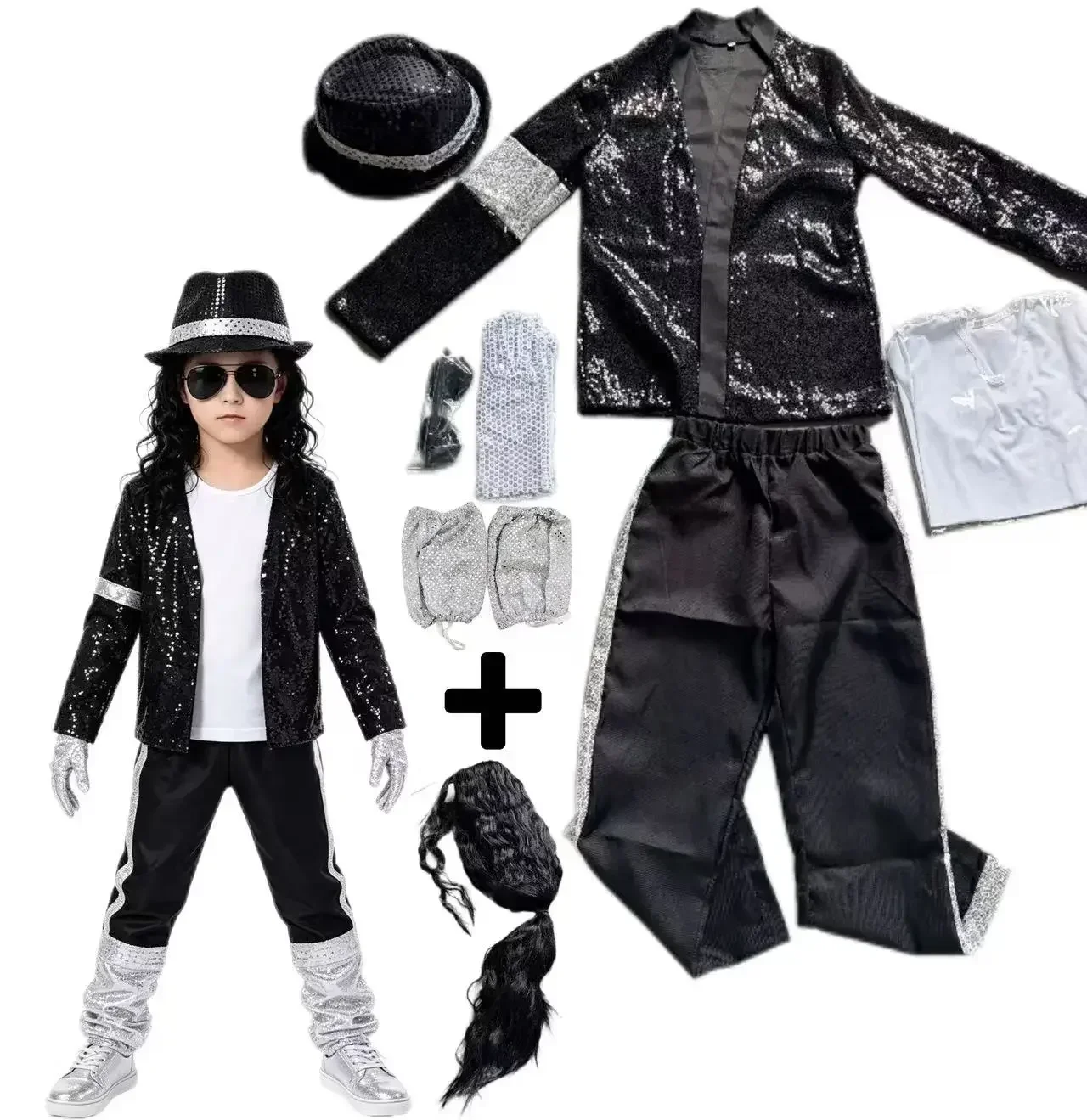 2026  MJ Michael Jackson Thriller Kids Costume  Red   Black Leather Jacket Pants Boys Halloween Stage Cosplay Outfit