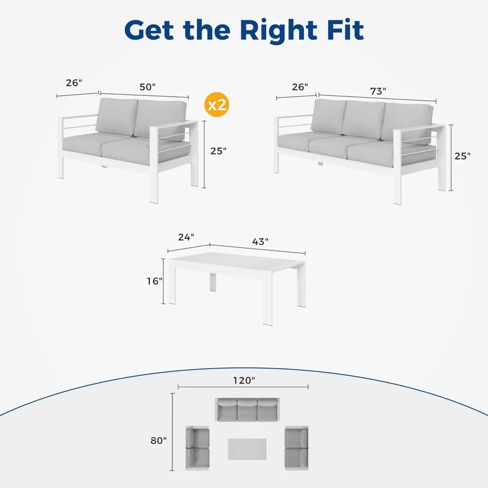 Aluminum Outdoor Patio Furniture Set, Modern Patio Conversation Sets, Outdoor Sectional Metal Sofa with 5 Inch Cushion