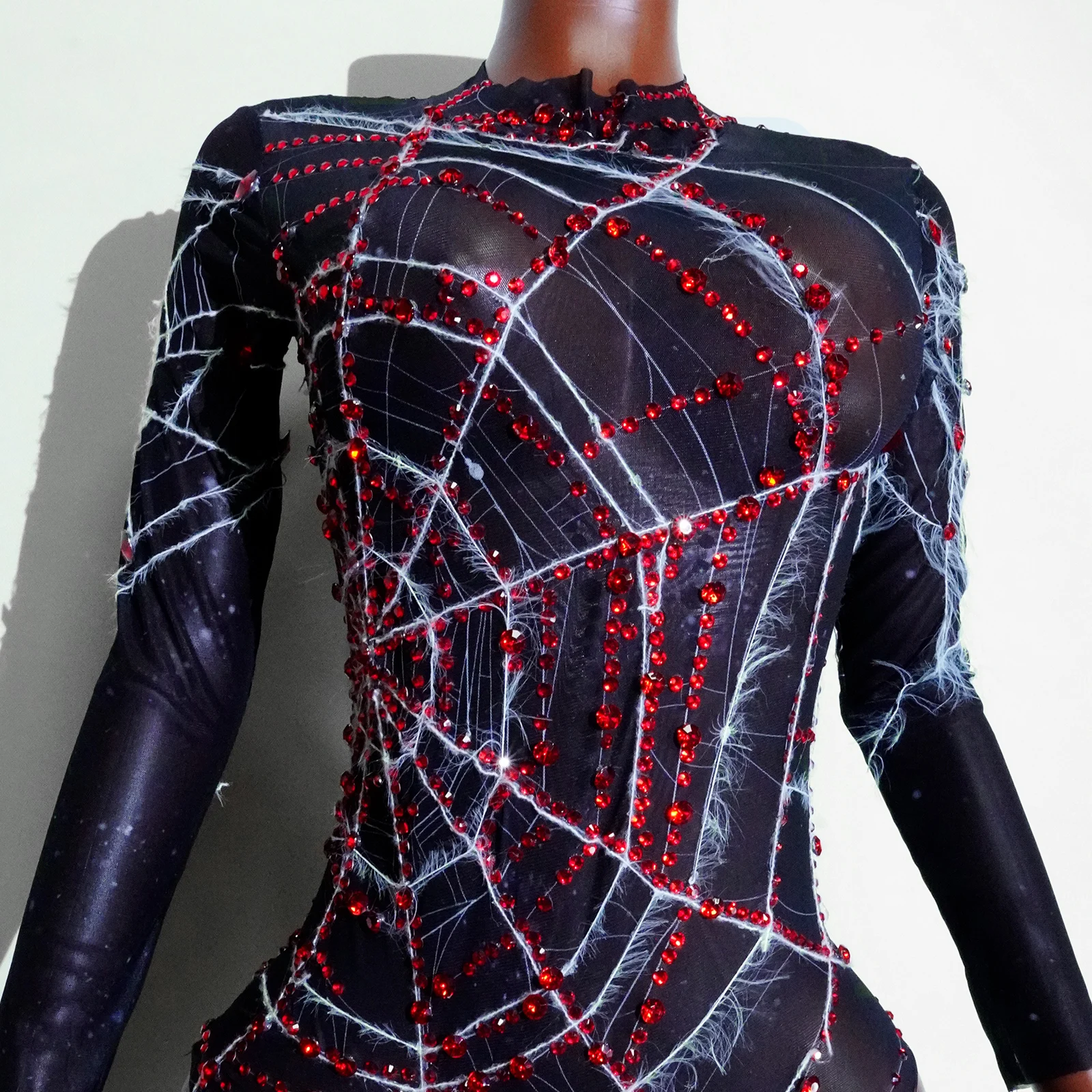 Spider web Leotard ดูผ่านชุดบอดี้สูท Hallowmas คอสเพลย์คลับเวทีพรหมเต้นรําเวทีชุด Drag Queen เครื่องแต่งกายเทศกาล