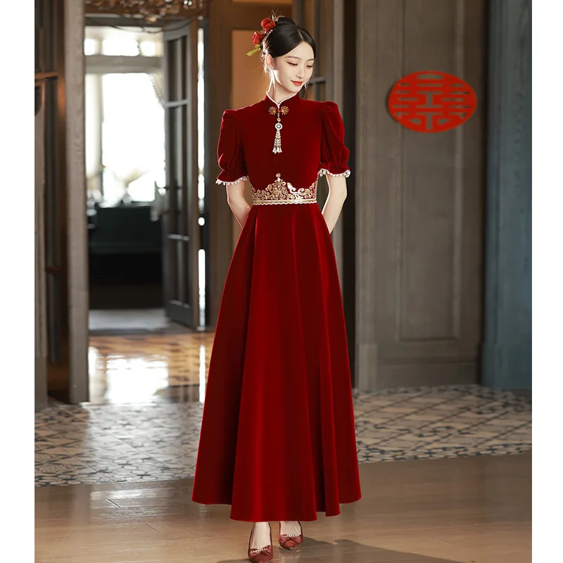 

Burgundy Velvet Bride Wedding Dress Toast Clothing Chinese Style Female Qipao Cheongsam Exquisite Embroidery Banquet Dress