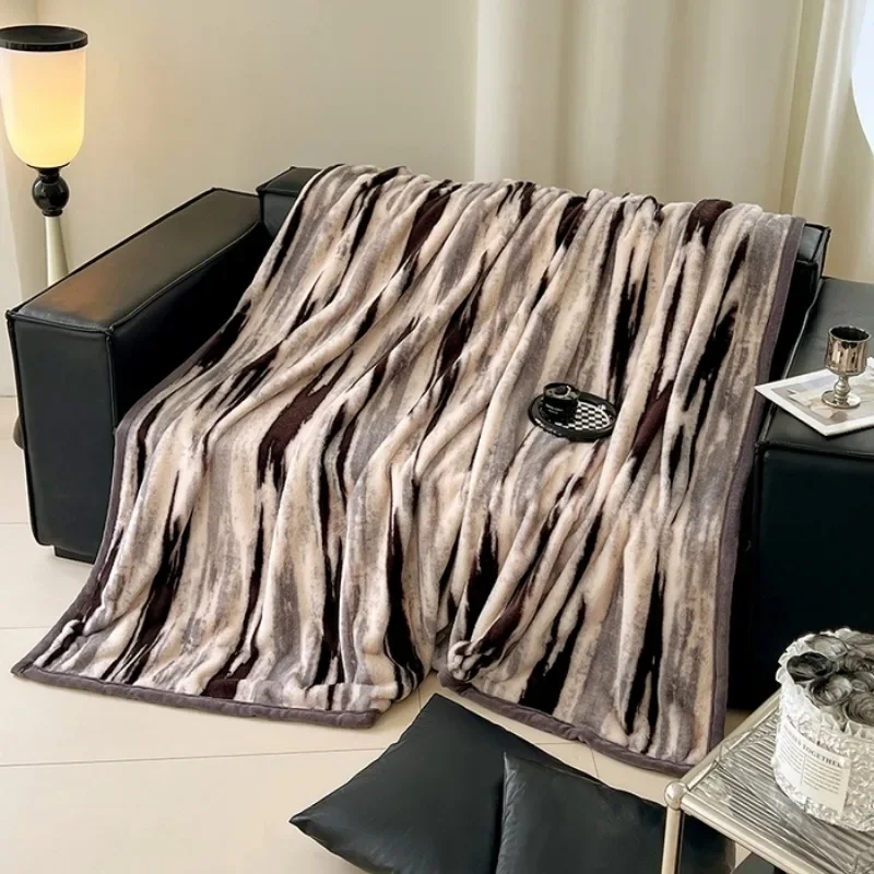 2025 new high gram weight stripe smudging blanket multi-functional office nap leisure blanket rabbit plush hemming blanket