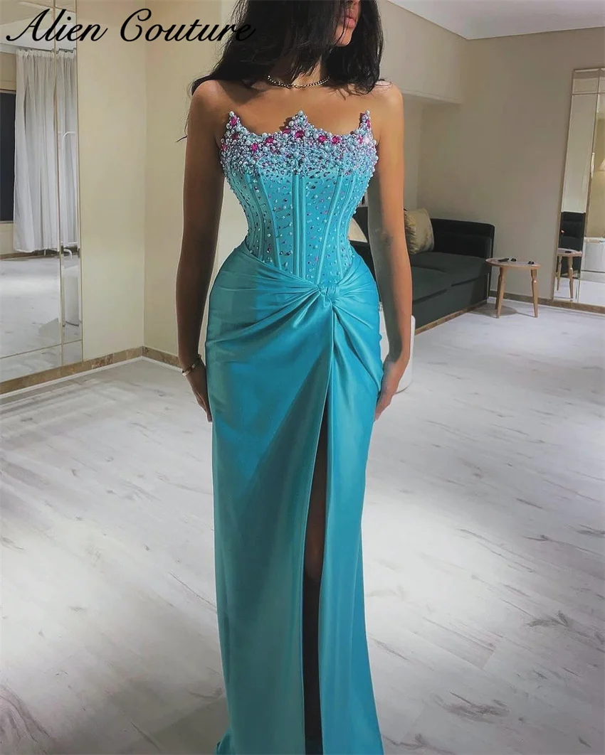 Shining Turquoise Mermaid Evening Dress Beading Crystal Pearls Sequins Split Party Dress For Special OccasionsVestido De