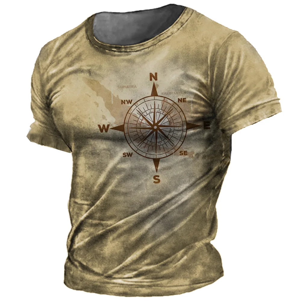 Vintage Compass T-Shirt For Men 3d Navigation Printed T Shirts Street Hip Hop Tops Oversized Short Sleeve Tees Shirt Men Clothes