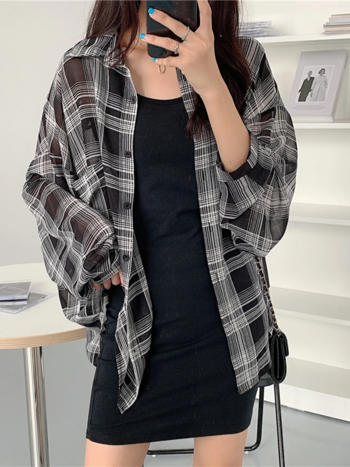 Summer Women's Plaid Ice Silk Shirt Thin Outerwear Cover up Sun Protection Top Long Sleeve mid Length Other Material 100%