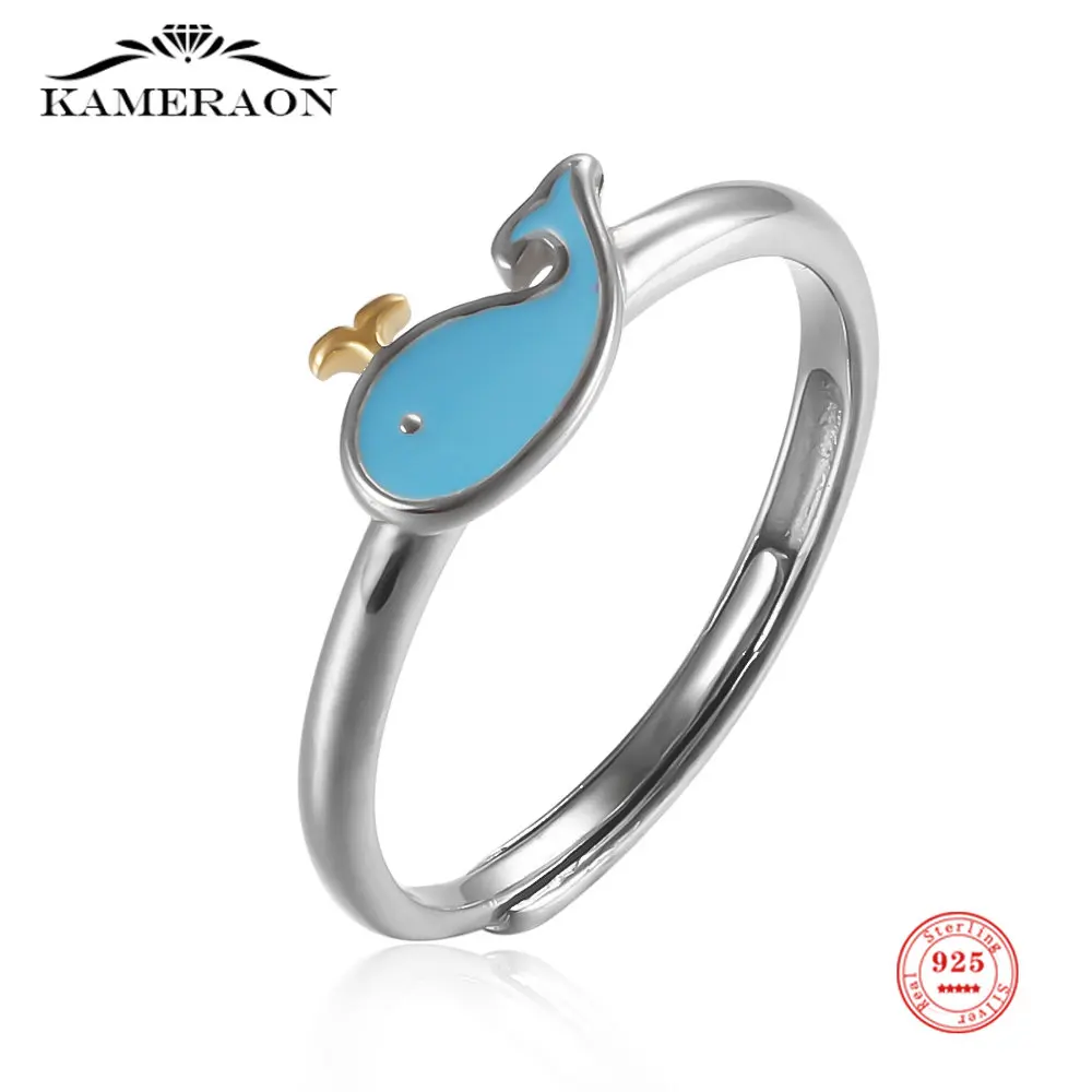 925 Sterling Silver Cute Blue Whale Open Rings for Women Female Girls New Fashion Adjustable Fine Jewelry Gifts