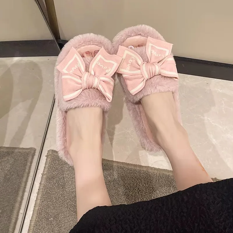 Ladies Warm Furry Slippers Delicate Pink Plush Upper Large Striped Bow Decor Soft Sole Non-Slip Open Toe Home Bedroom Footwear
