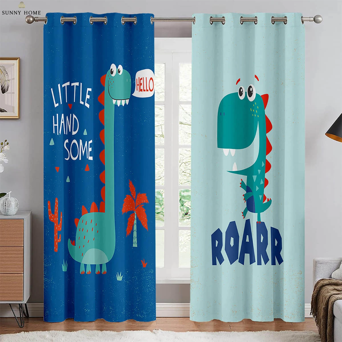 

2pcs Cute Cartoon Dinosaur Printed Curtains 100% Polyester Grommet Bedroom Living Room Window Decoration Curtains Kids Gift