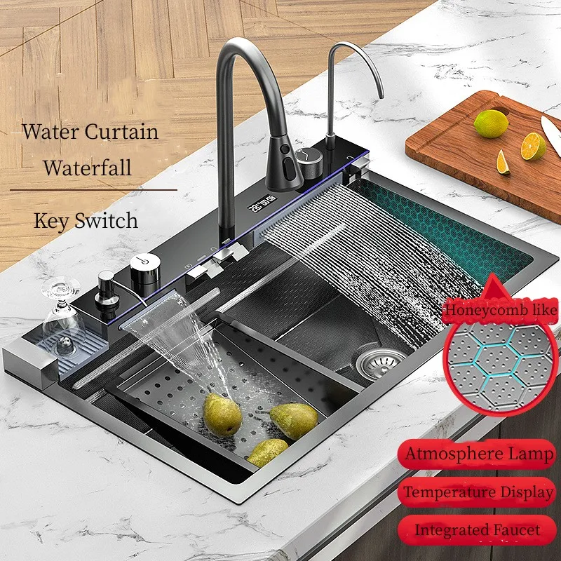 304 Stainless Steel Kitchen Sink Double Waterfall Single Slot Integrated Digital Display Faucet Set Soap dispenser Cup Washer