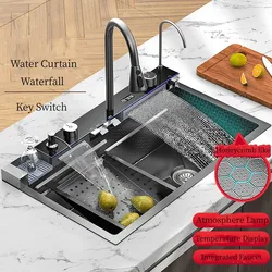 Fregadero de cocina de acero inoxidable 304, doble cascada, ranura única, juego de grifo con pantalla Digital integrada, dispensador de jabón, lavadora de tazas