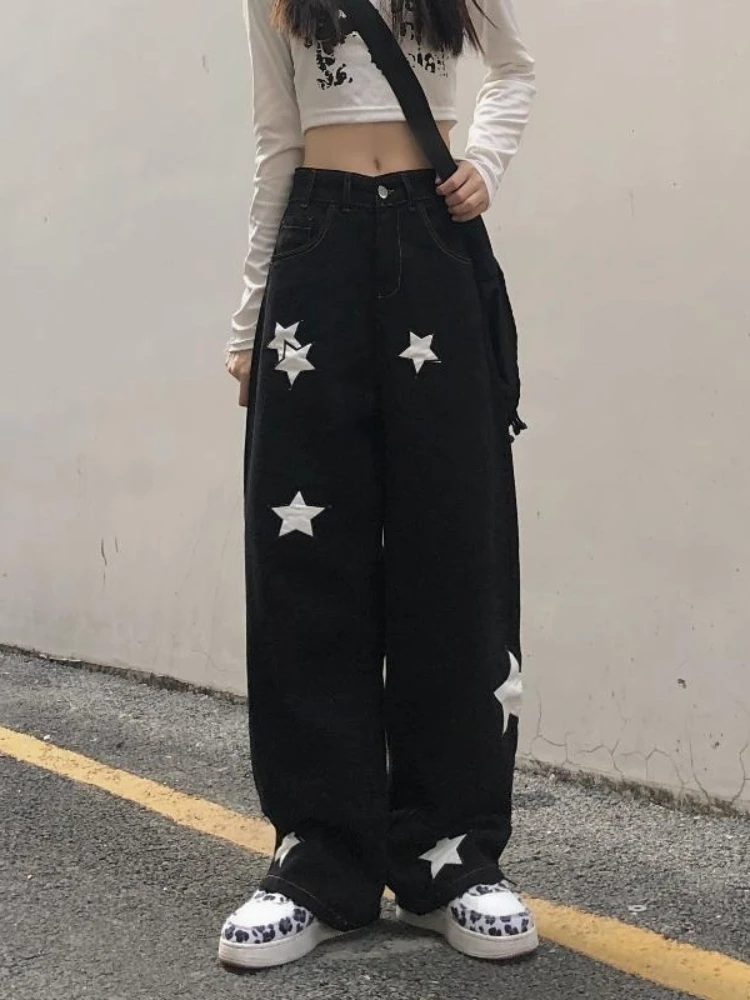 

HOUZHOU Y2K Retro Streetwear Black Cargo Jeans Women Gothic Punk Vintage Kpop Print Wide Leg Denim Panrts Female Autumn Trousers