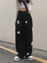 HOUZHOU Y2K Retro Streetwear Black Cargo Jeans Women Gothic Punk Vintage Kpop Print Wide Leg Denim Panrts Female Autumn Trousers