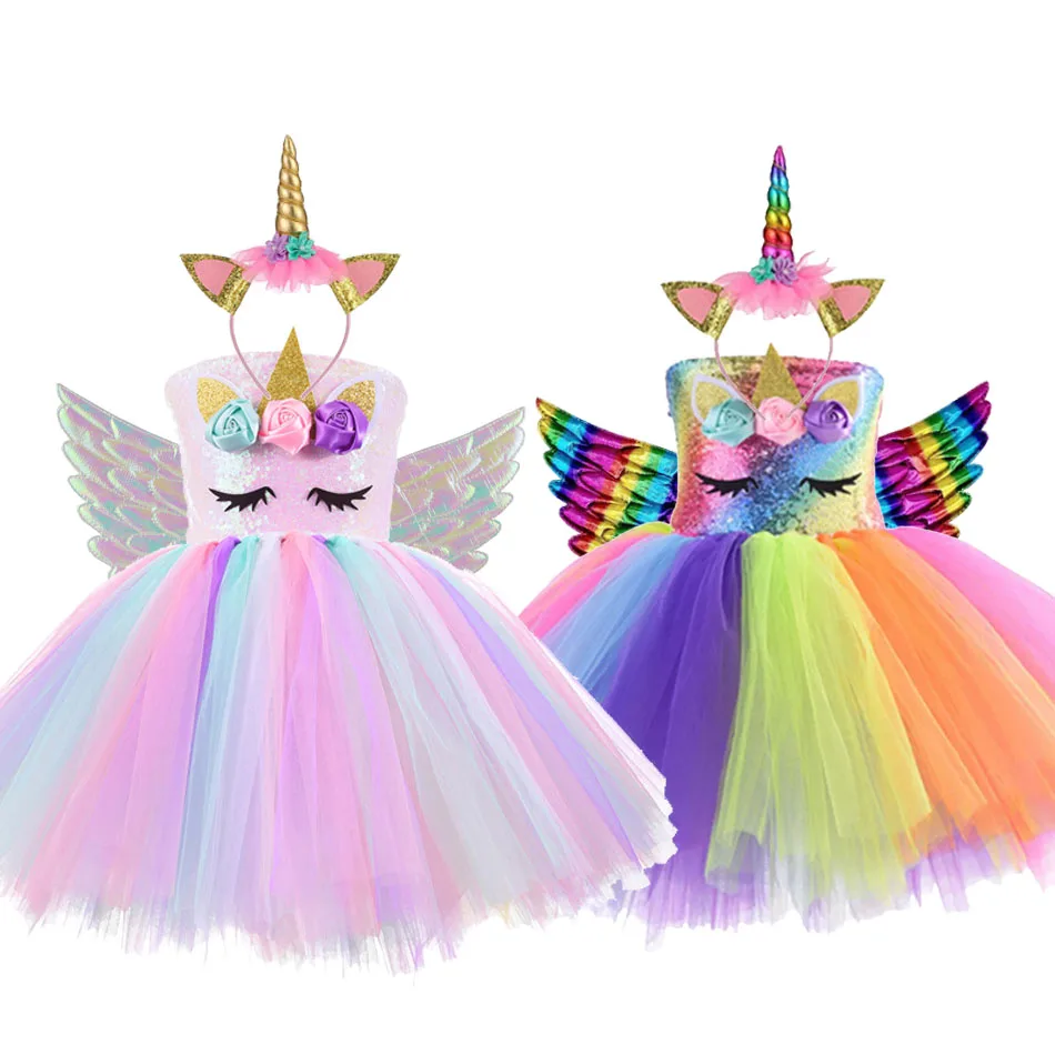 فستان الأميرة للفتيات على شكل وحيد القرن توتو ملابس على شكل زهرة الباستيل فساتين حفلات أعياد الميلاد للفتيات الصغيرات من التول للأطفال أزياء الهالوين التأثيرية