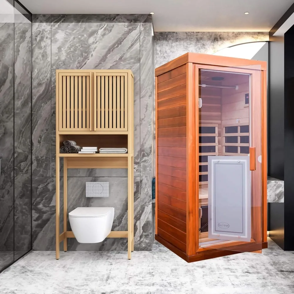 1-Person Size Garden Sauna Room With 1350W Far Infrared Wooden Sauna Canadian Red Cedar 8 Low EMF Heaters & 2 Bluetooth Speakers