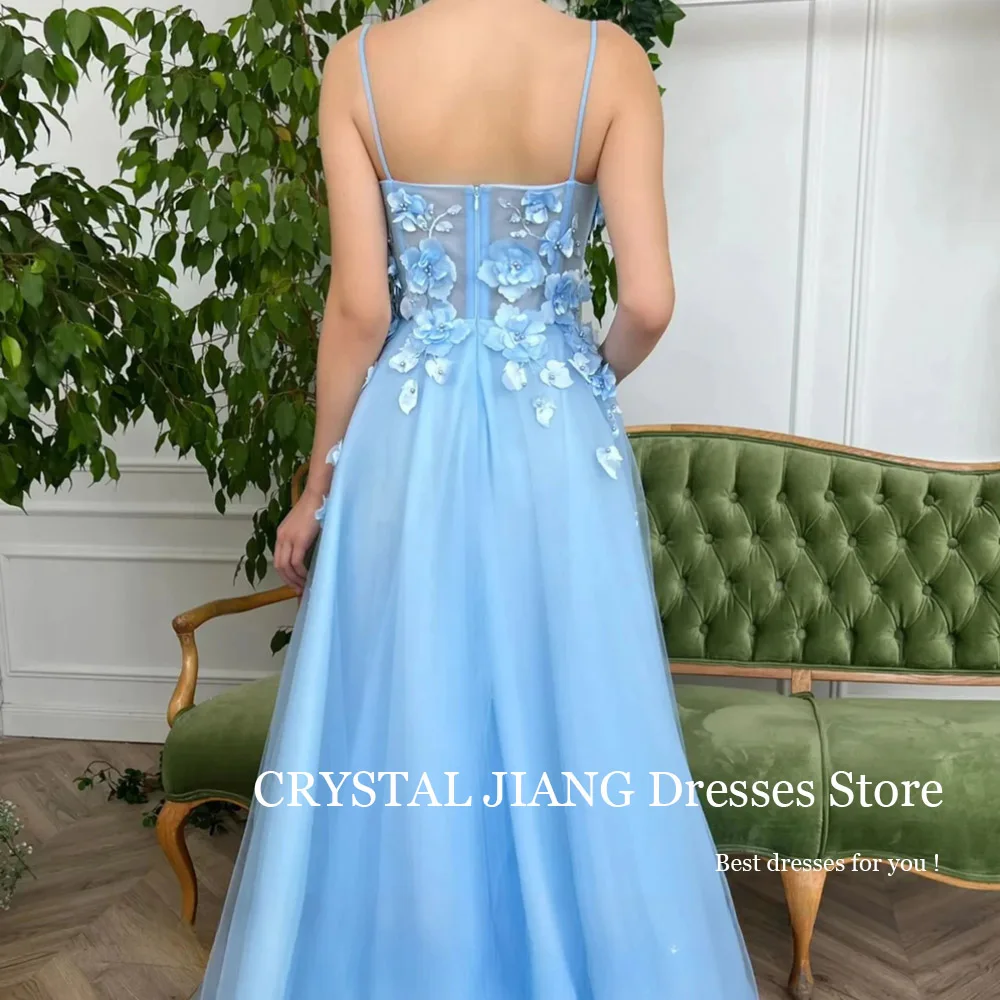 Classy Long Blue Spaghetti Straps Tulle Prom Dresses Sleeveless with Appliques A Line Slit Floor Length Vestido Formal