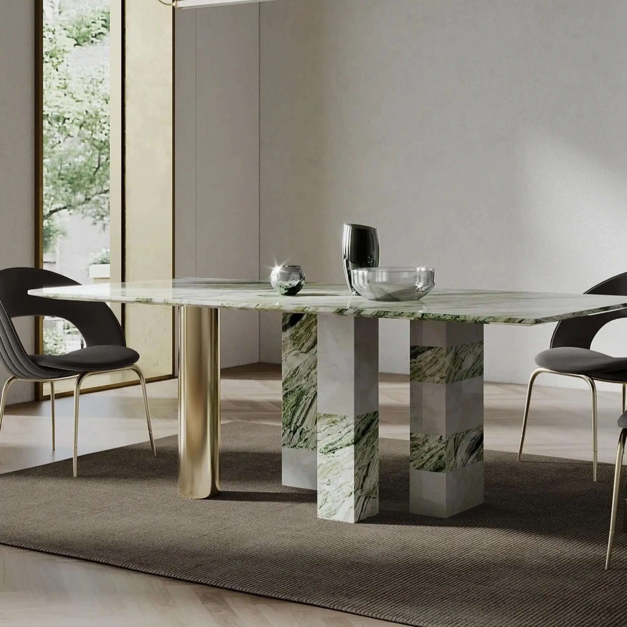 S@ Wabi Style Travertine Material Quality Concrete Texture Dining Table Unique Square Marble Table With Emerald Green Pattern