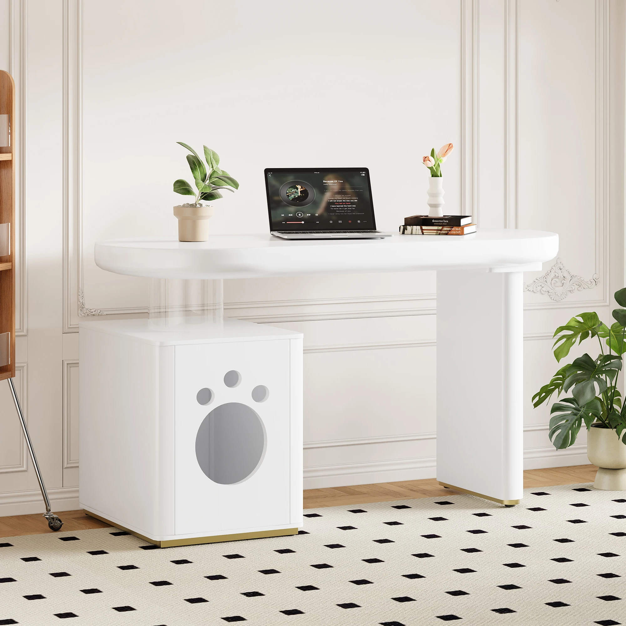 Bureau avec bords arrondis et niche pour rangement des pieds, épaisseur 5 cm, MDF laqué Blanc - 117 × 50 × 76 cm