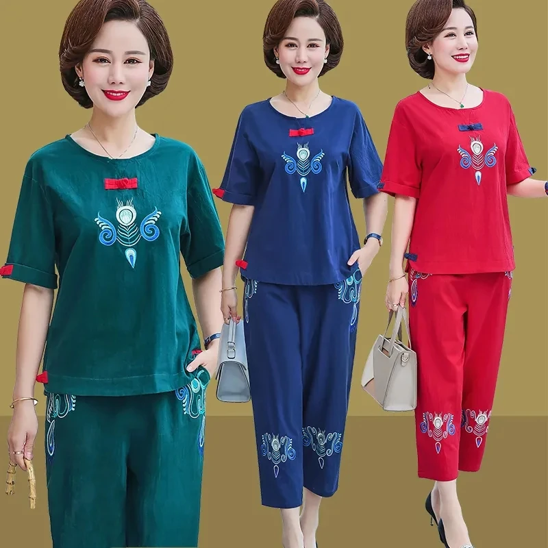 Mom's Costume T-shirt Tang Suit Two-piece Set Middle Age Grandma Fashion Embroidery Top Summer Middle Aged Elderly People Outfit