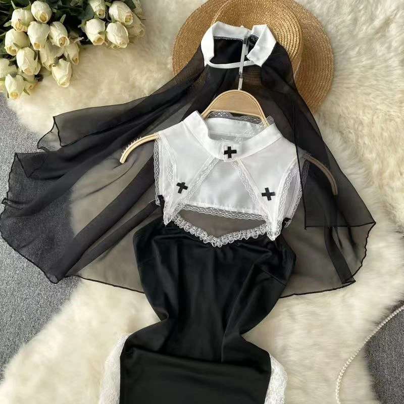 Black Patchwork Lace Long Dress Hollow Out Women Secret Clothes Casual Sexy Thin Straight Cosplay Nun Split Dress Sleeveless New