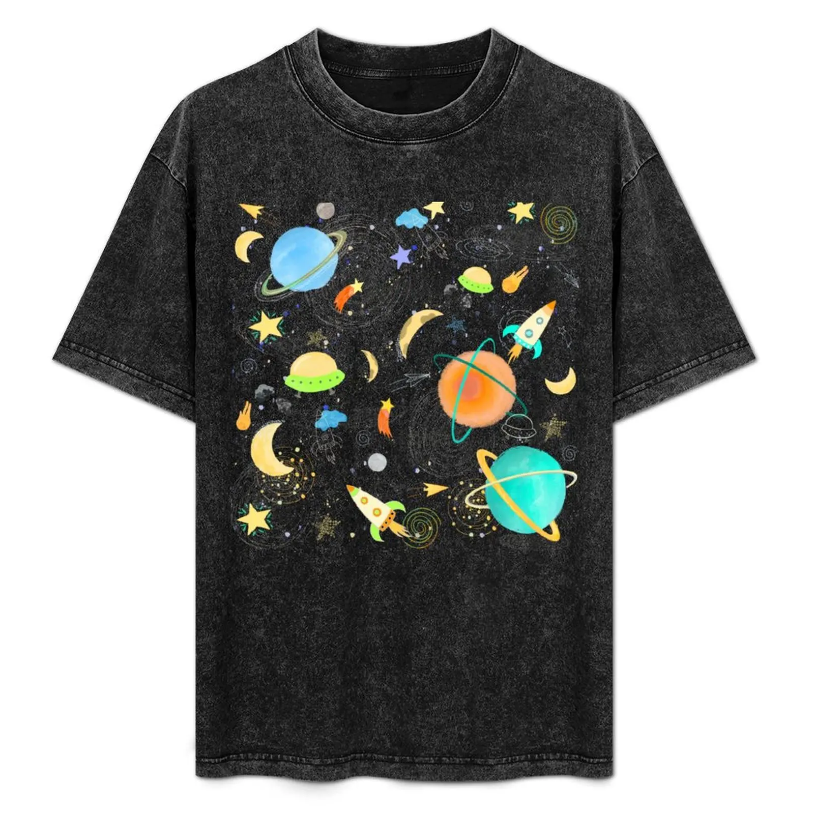 

Flat Dark space seamless pattern background. Cute template with spaceship, rocket, moon T-Shirt