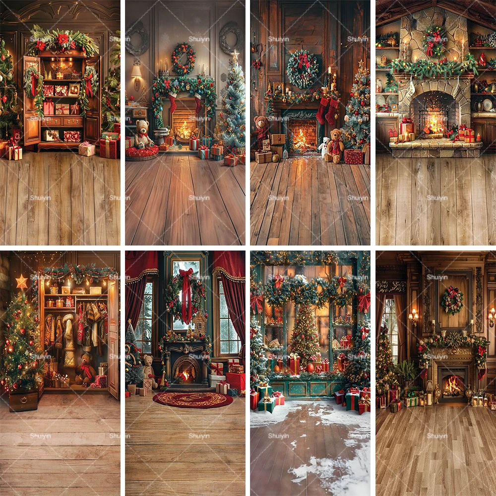 

Winter Christmas Fireplace Xmas Tree Family Portrait Photography Background Party Room Wall Decoration Banner Photo Studio Props