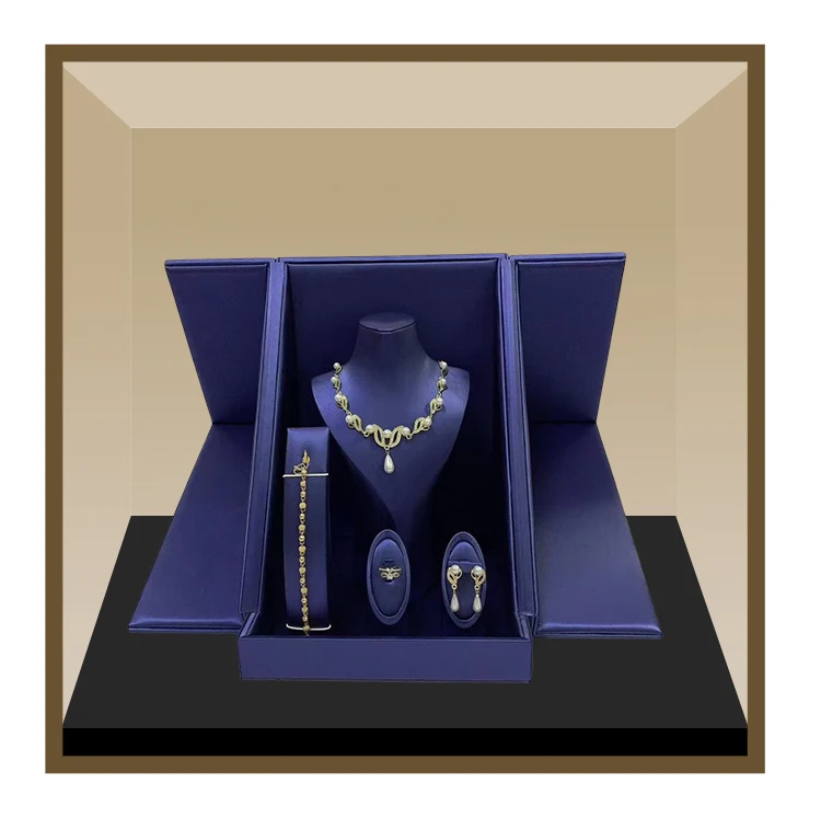 Jewelry Storage Box Dark Blue Double-opening Custom Big Pu Leather Jewelry Box Set For Pendant And Earring Jewels Gift