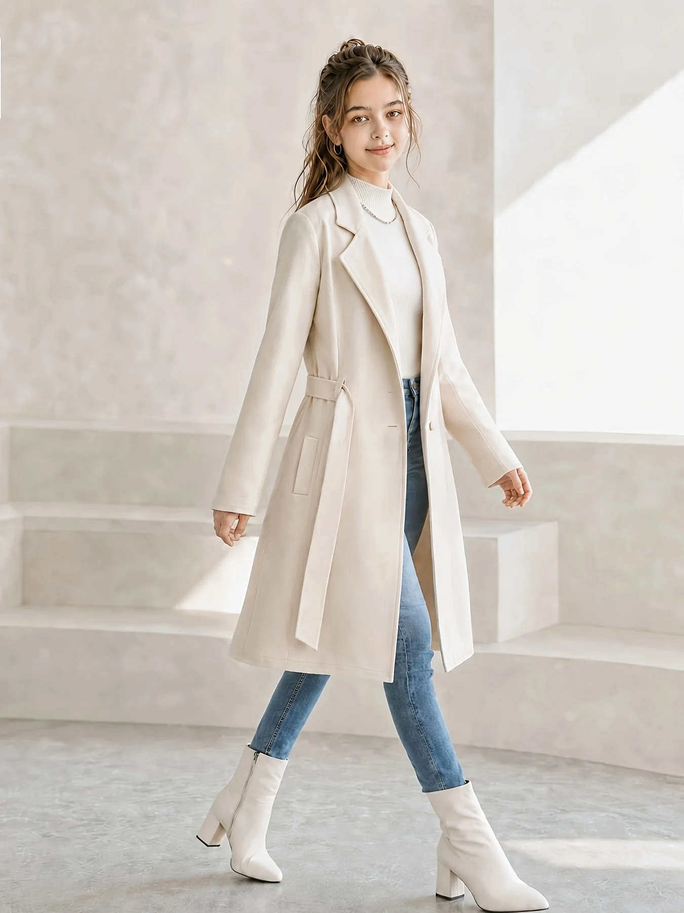 Mädchen-Herbst- und Wintermantel mit elegantem und stilvollem Design, einfarbig, warm und stilvoll, großer Kragen, langärmliger Mantel, kombiniert mit passendem Gürtel, geeignet für ältere Kinder und Teenager im Alter von 12-16 Jahren. – Detail 3