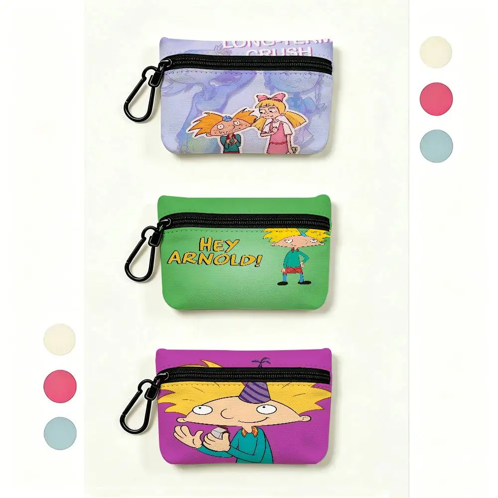 H-Hey A-Arnold Cartoon Mini Oxford Cloth Coin Purse With Carabiner Hook Portable Key Card Wallet Small Zipper Storage Pouch