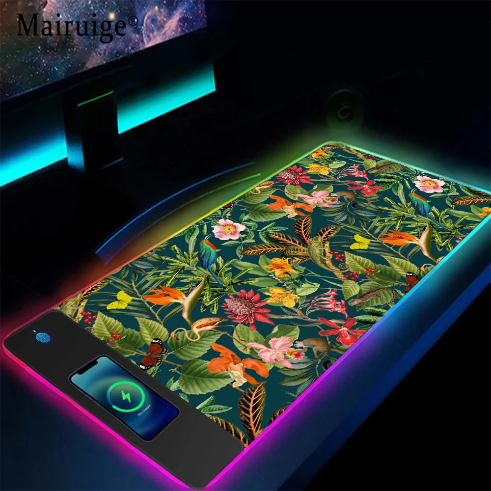 Mouse Pad Wireless Charging Tropical Flowers Leaves Carpets for Mouse Work Table Gaming Accessories Mouse Mat Green Desk Mat