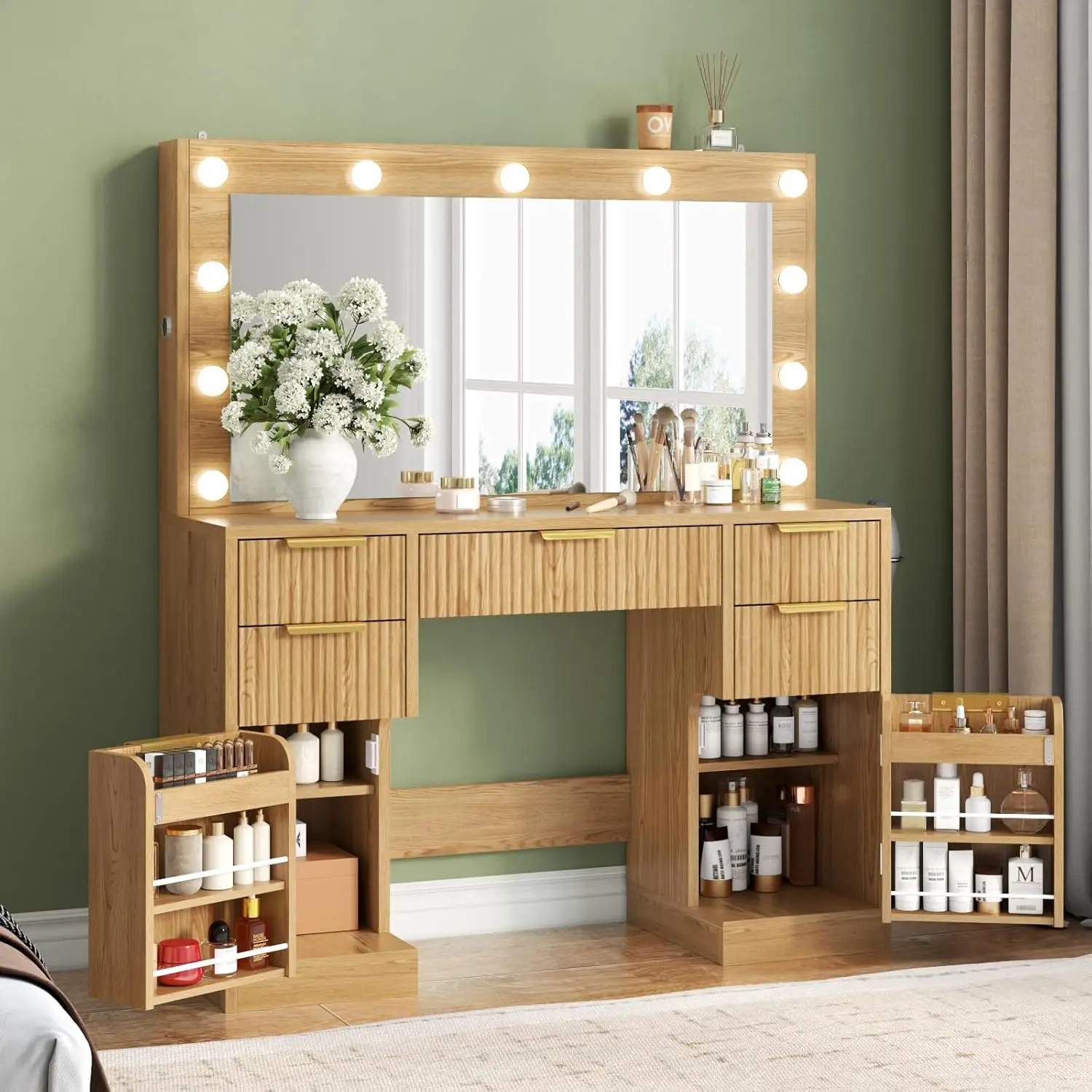 

Big Fluted Vanity Desk with 36' Mirror,11 LED Lights & Power Outlet,Large Wood Makeup Vanity Table