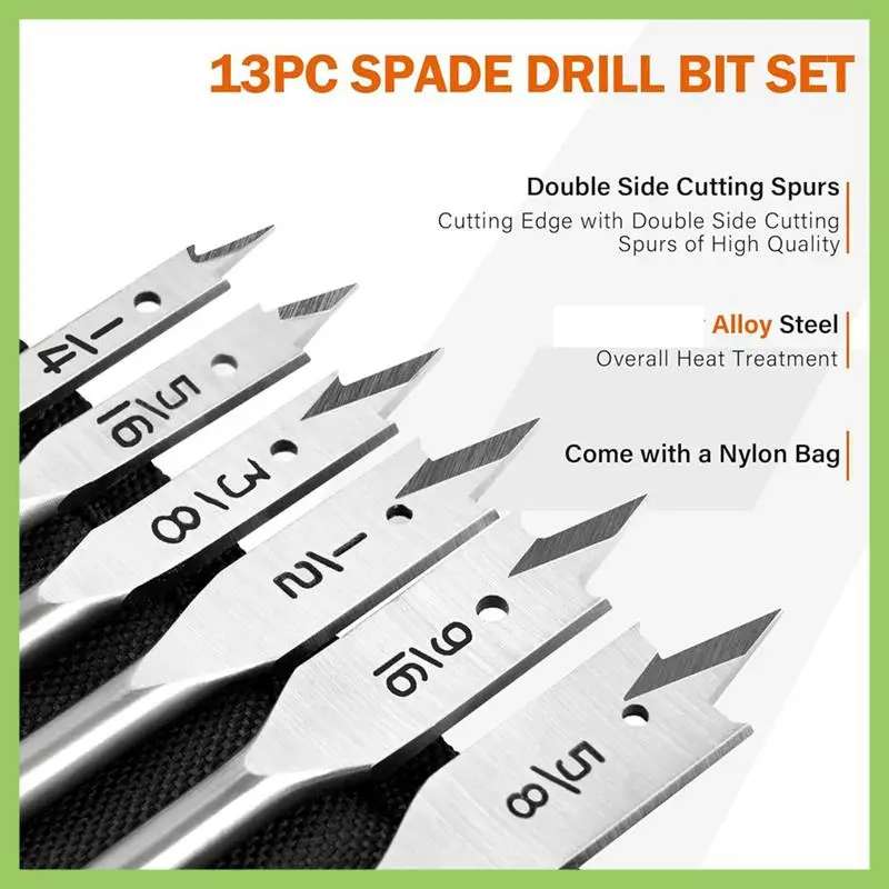 

13X Spade Drill Bit Sets,Alloy Steel Paddle Flat Bit With Quick Change Shank, Flat Wood Hole Cutter 1/4Inch To 1-1/2Inch Durable