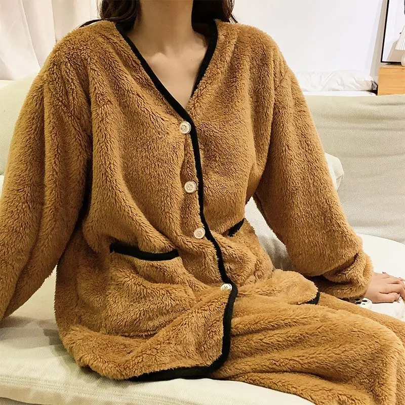 

M-3XL пижамные комплекты женские 6-цветные свободные минималистичные толстые стильные классические базовые пижамы в корейском стиле домашняя одежда женская зимняя уютная