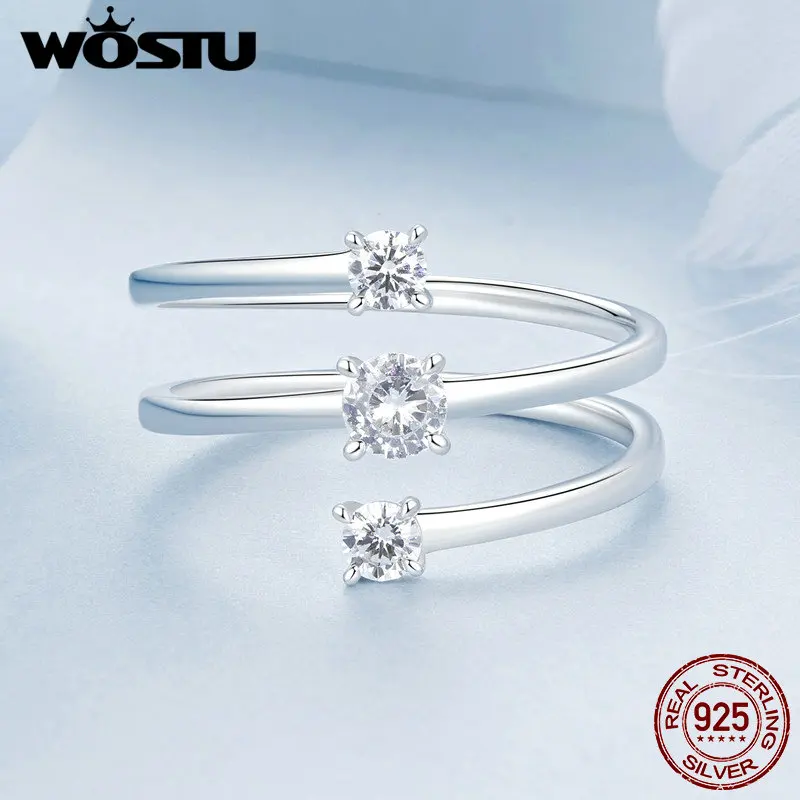 WOSTU Open Ring 925 Sterling Silver Shining Coiled Ring With Zircons for Women Girl Party Birthday Gift Fine Jewelry FNR532-E