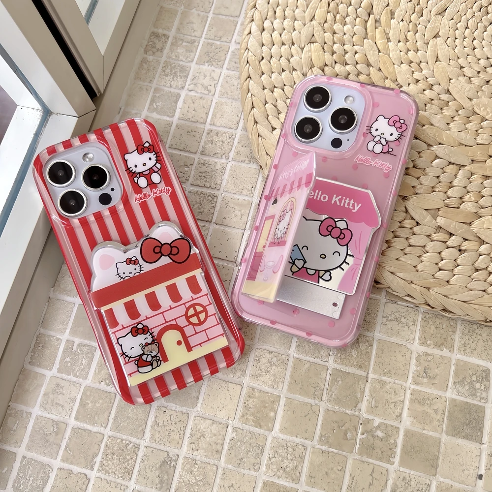 

Милый мультяшный Sanrio Hello Kitty, зеркало для макияжа, держатель для телефона, чехол для iPhone 16, Pro, 15, 14, 13, 12, Pro Max, противоударный чехол