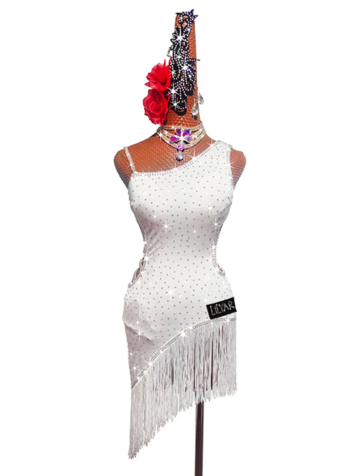 Latin Dance Contest Performance Costumes Adult Girls Children White Tassel Diamond Slanted Shoulder Dance Dress