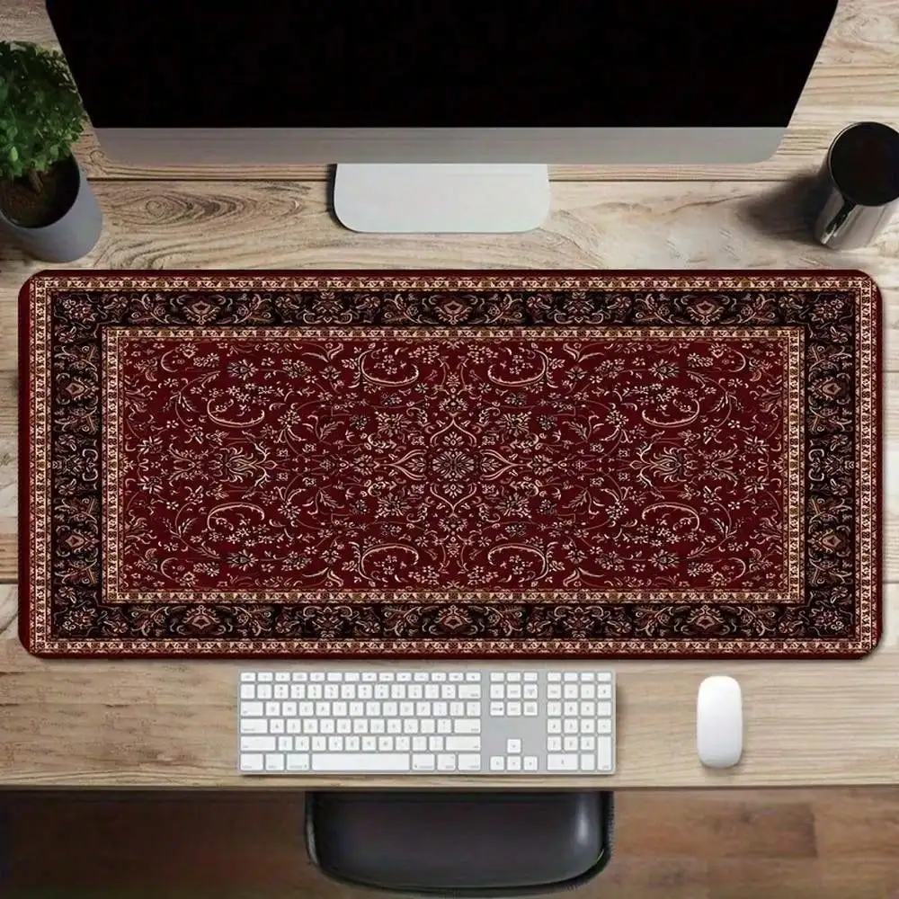 Retro Bohemian Style Mouse Pad, Luxurious Red Desk Accessory, Extra-Large Gaming Mouse Pad, Non-Slip Rubber Base, Sewn Edges
