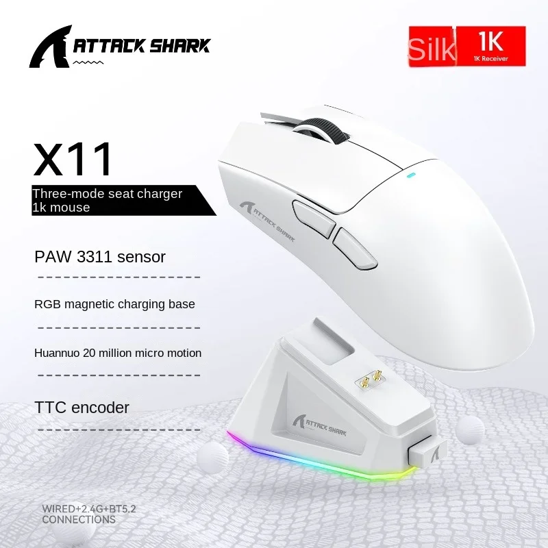 Attack Shark X11 PAW3311 2.4G Gaming Wireless Bluetooth Mouse Tri-mode Lightweight Mouse Charging RGB Base Office Gaming Mouse