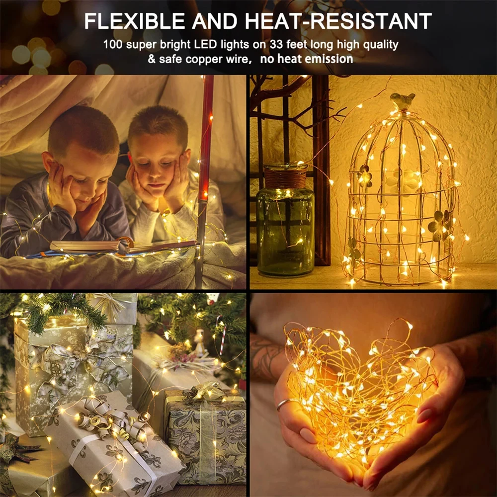 1m-10m USB Led String Light 8 Modes Wedding Flexible Garland Wire Fairy Home Party Bedroom Christmas Outdoor Halloween Copper