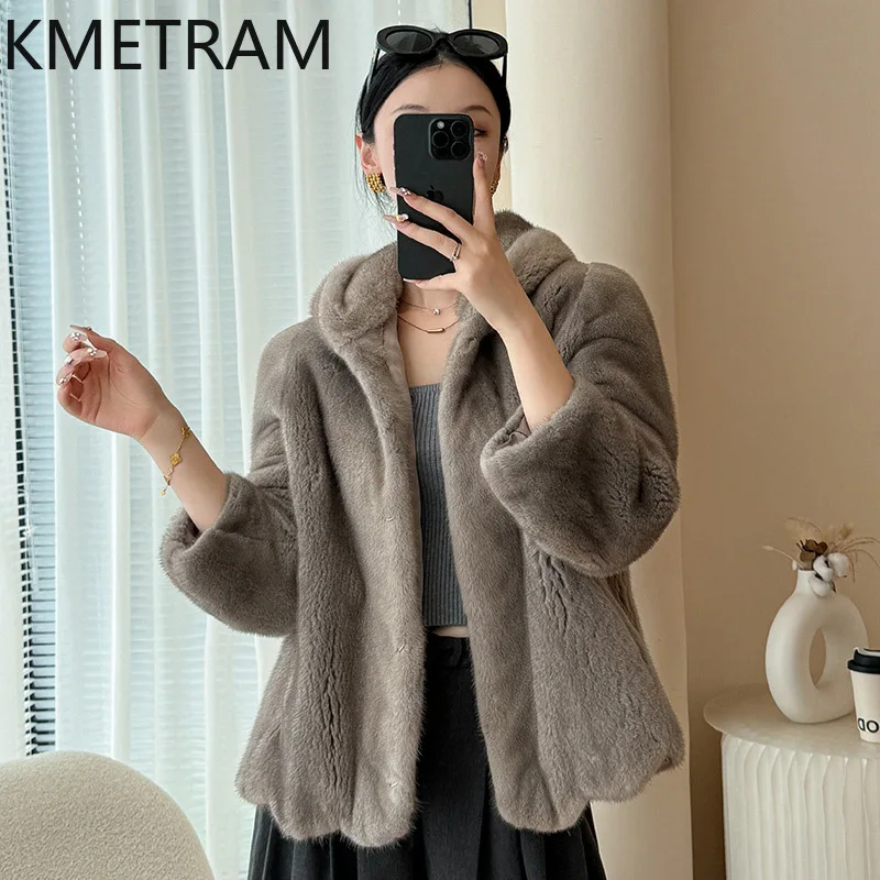 Damska kurtka z naturalnego futra norek, szary płaszcz z prawdziwego futra z kapturem, wysokiej jakości zimowa odzież damska, futrzane kurtki 2025 шуба женская