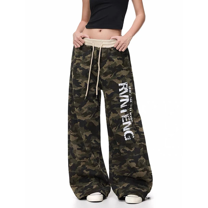 YIBASHU American Retro 90s High Street Letter Printed Camouflage Sports Pants Loose Hip-hop Jazz Dance Camouflage Wide Leg Pants