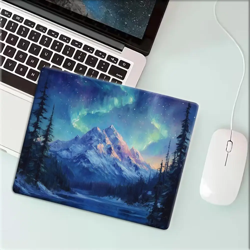 Aurora Borealis Snow Mountain Pine Forest small mousepad22*18/25*29CM Oil Painting Print Art Mausepad Table Cushion Nature Decor