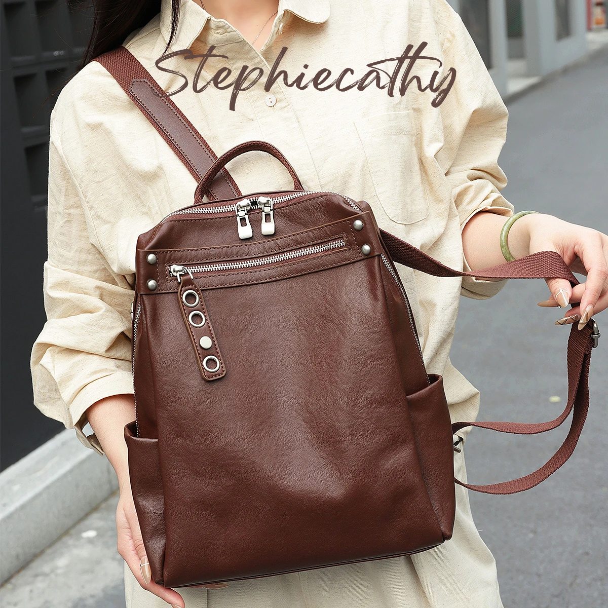 SC Vintage Genuine Leather Backpack For Women Functional Large Capacity Shoulder Bag Multi Pockets Knapsack For Travel School