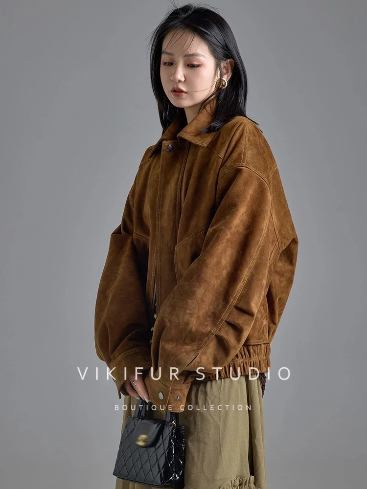 빈티지 정품 가죽 여성용 오토바이 재킷 2025 가을 겨울 신상 고급 심플 루즈핏 양가죽 스웨이드 코트