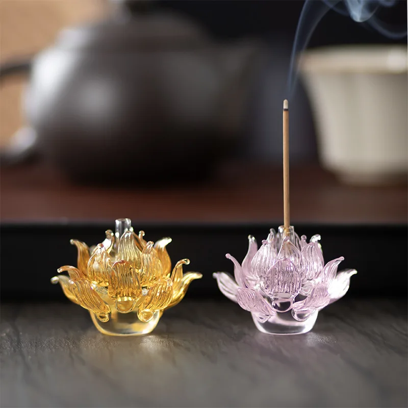 High Borosilicate Glass Lotus Flower Incense Holder & Candle Stick,Gold Gilded Buddhist Altar Decor for Home Temple