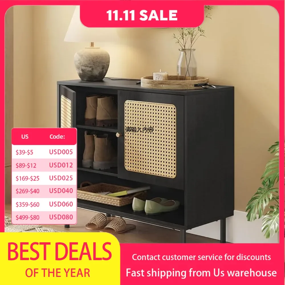 Rattan 3-tier shoe cabinet, 16 pairs of shoe locker, bohemian shoe organizer with height-adjustable shelves and steel legs