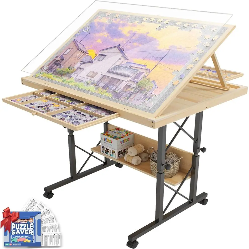 Adults Jigsaw Puzzle Table: 2000-Piece Capacity, Adjustable Tilt and Height, Wooden Board with Support Bar and Wheels