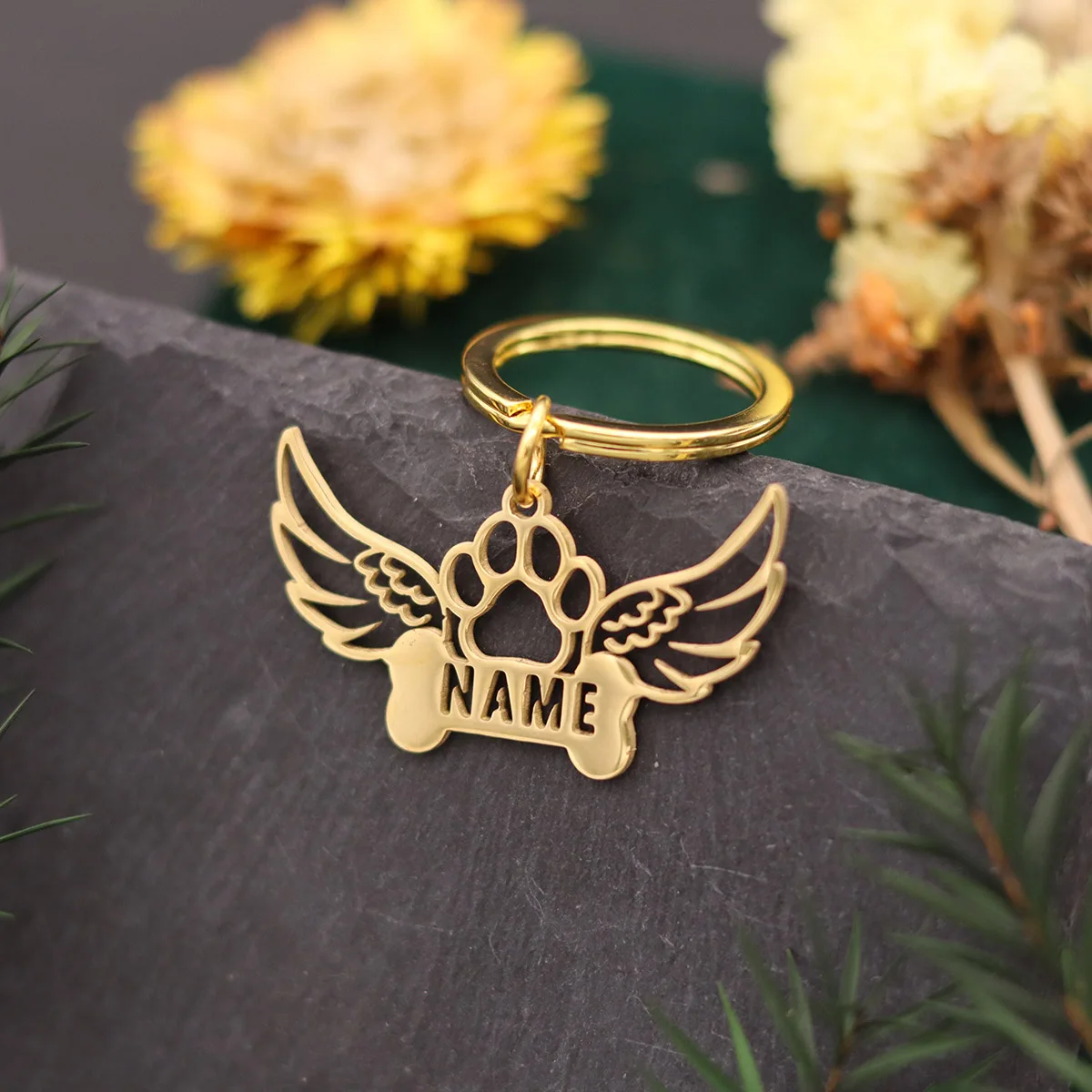 QIAMNI брелок с именем на заказ, следы собачьей лапы, брелки из нержавеющей стали с гравировкой, именная табличка, брелок с крыльями животных, сделай сам, подарки для домашних животных