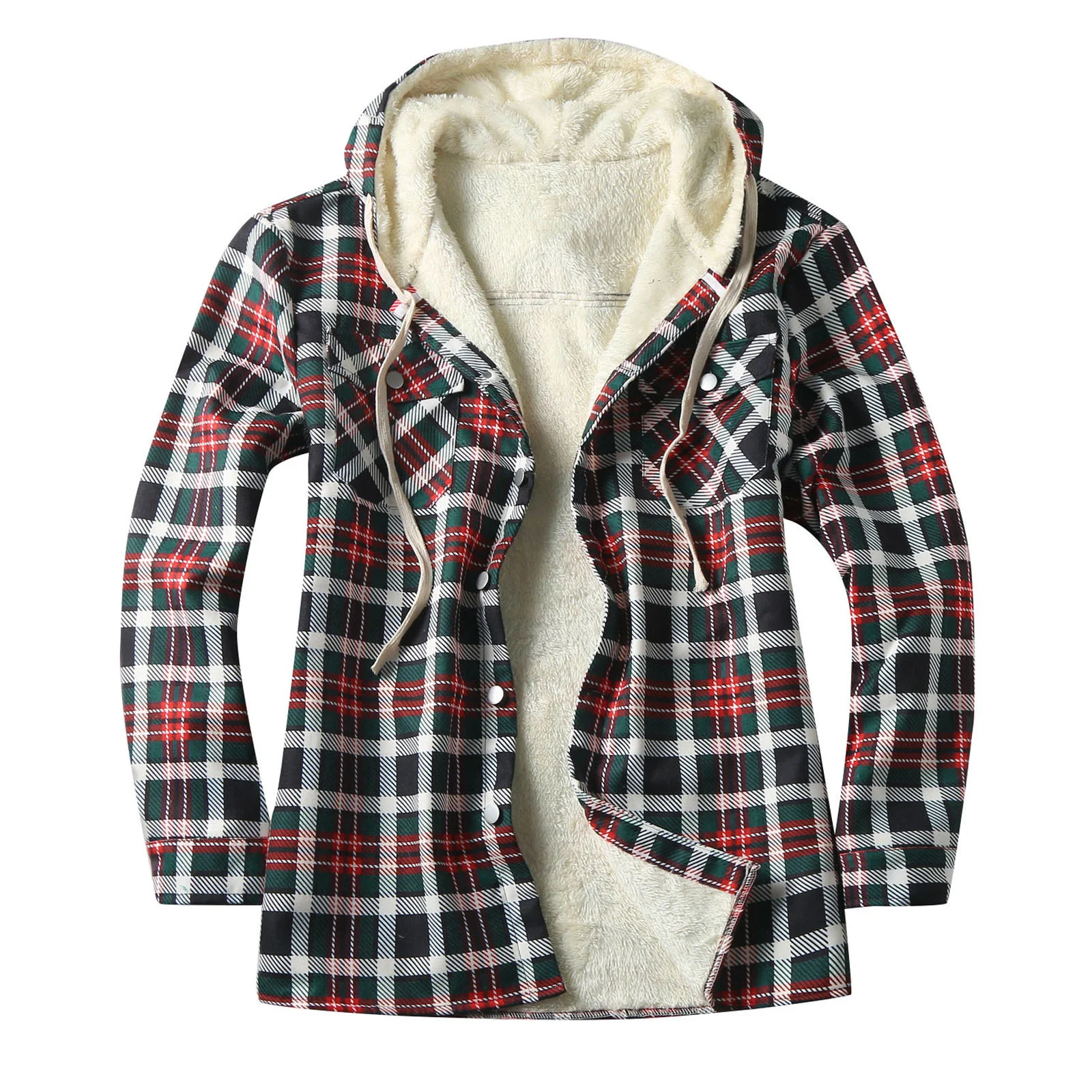 Winter Hooded Fleece Shirts Jacket Men Thick Fuzzy Sherpa Lined Patchwork Plaid Button Up Flannel Shirt Cotton Coats For Male