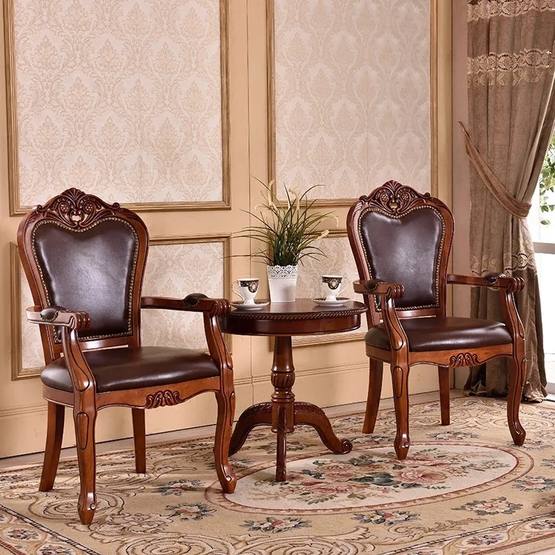 

European leather chair solid wood round tea negotiation table and chair armrest backrest balcony combination three-piece set