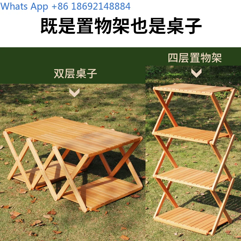 Portable Multi Tier Storage Shelf Dual Use Picnic Table Outdoor Foldable Wooden Display Rack