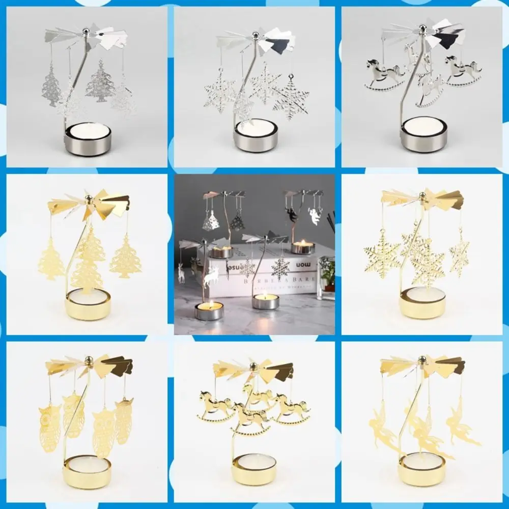 Metal Metal Rotating Tea Light Holder Gold Silver Hollow Christmas Rotating Candle Holder Angel Carousel Pattern